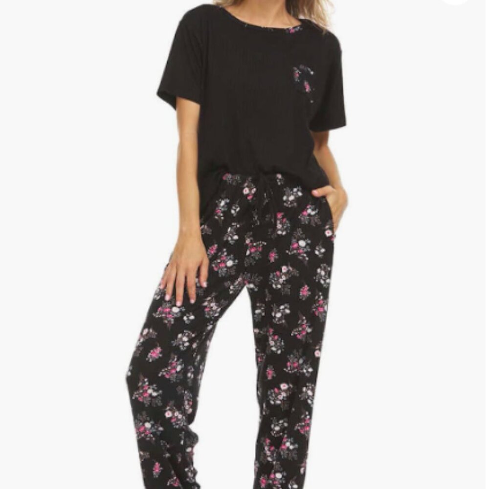 Flora Nikrooz Women 2 Pc Pajama Set Black Floral Super Soft Size M NWT